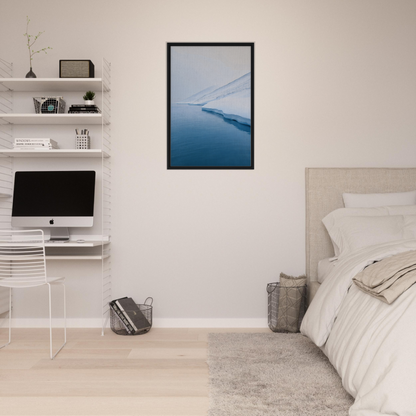 Minimalist bedroom featuring Polar Reflection Dreamscape framed canvas print artwork