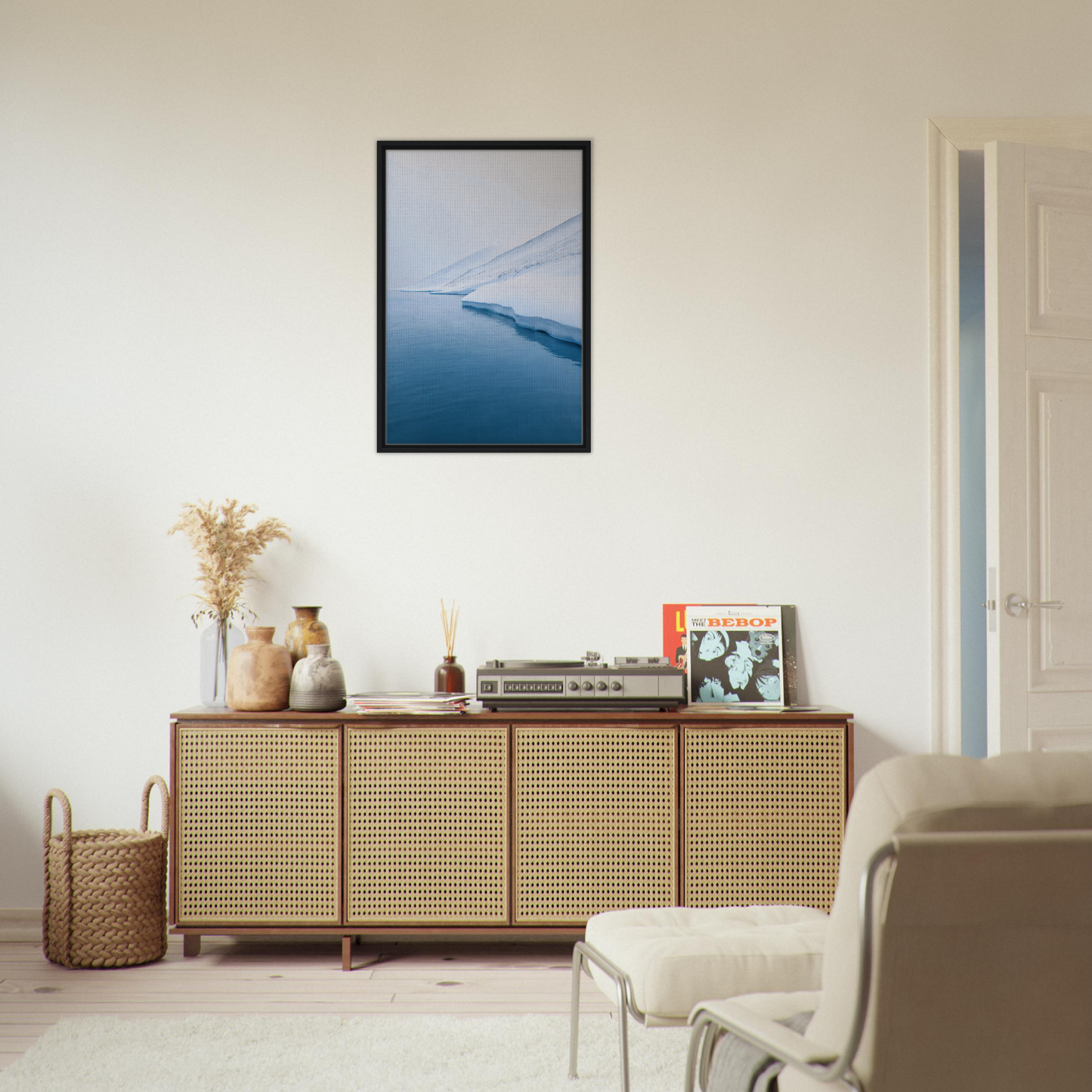 Wooden sideboard with cane-webbed doors for stylish room decor from Polar Reflection Dreamscape