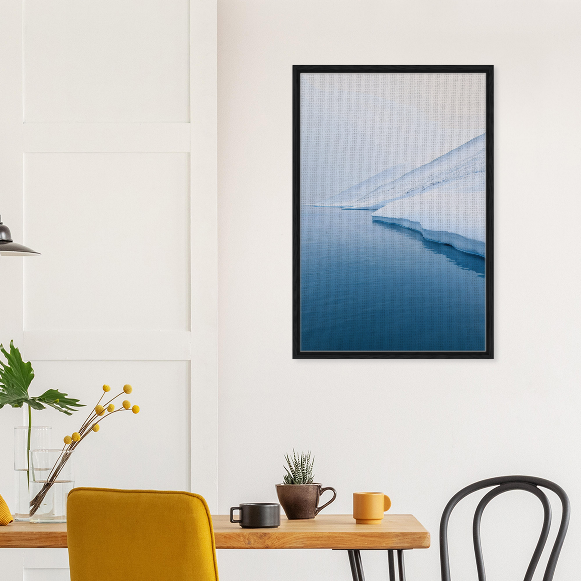 Framed canvas print of Polar Reflection Dreamscape featuring a snowy landscape and blue water