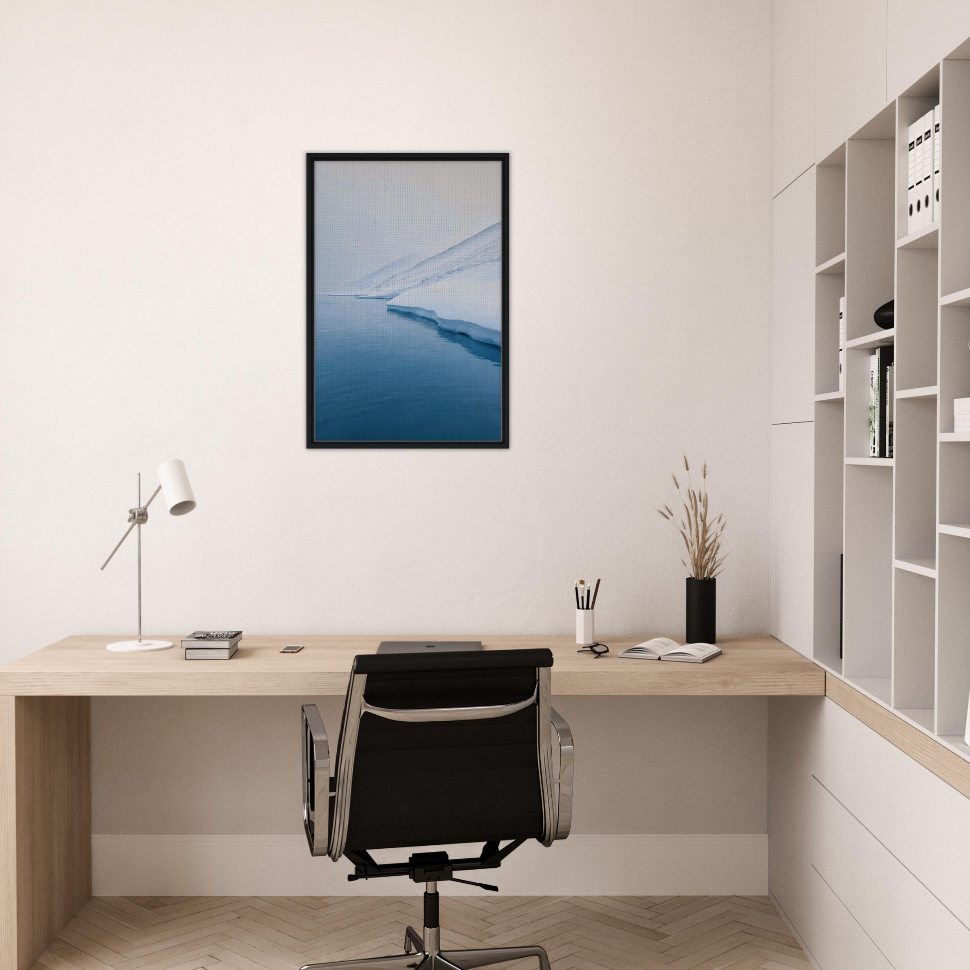 Minimalist home office featuring Polar Reflection Dreamscape framed canvas print