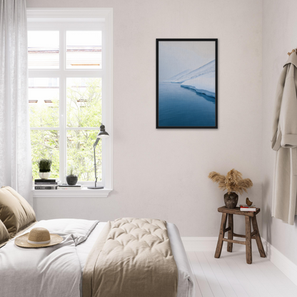 Serene bedroom with white decor featuring Polar Reflection Dreamscape wall art