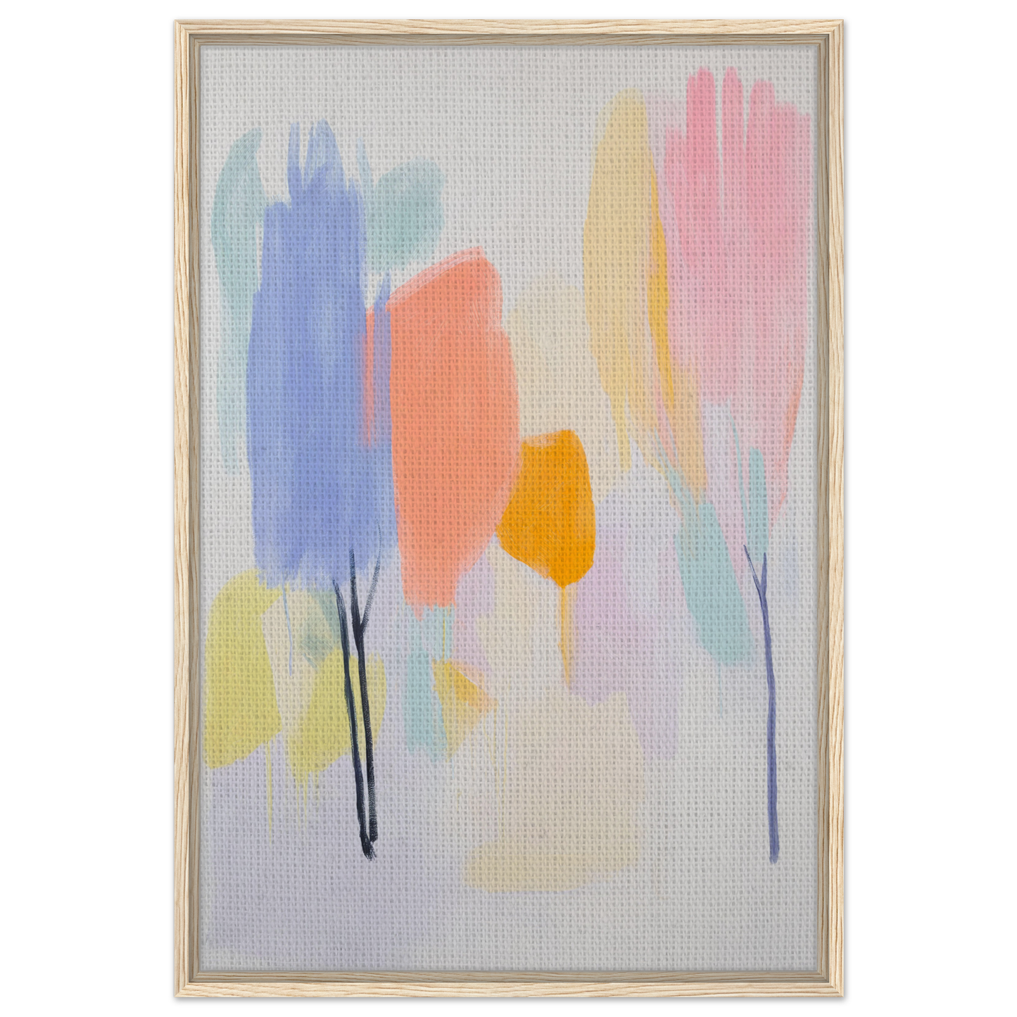 Abstract painting of pastel brushstrokes resembling trees, titled Pollinating Blue Reverie