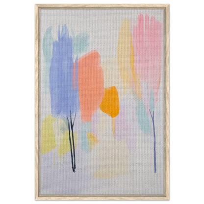 Abstract painting of pastel brushstrokes resembling trees, titled Pollinating Blue Reverie