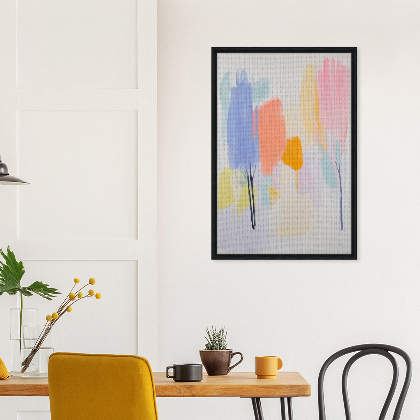 Abstract painting titled Pollinating Blue Reverie with pastel brushstrokes in a black frame