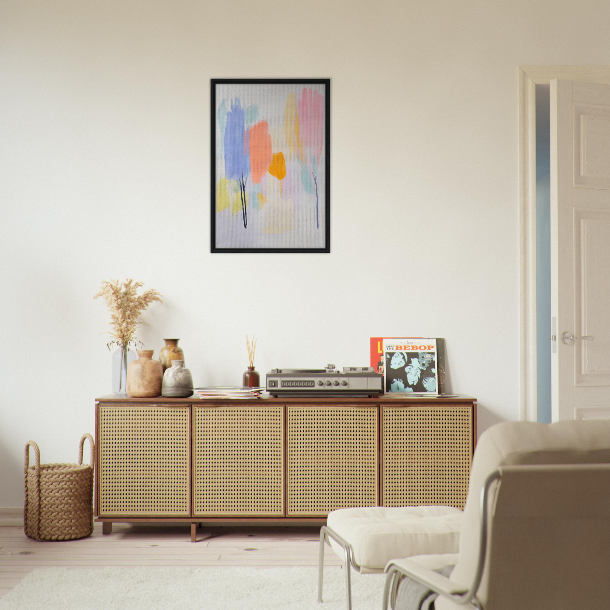 Wooden sideboard with rattan-style panels for elegant room decor in Pollinating Blue Reverie