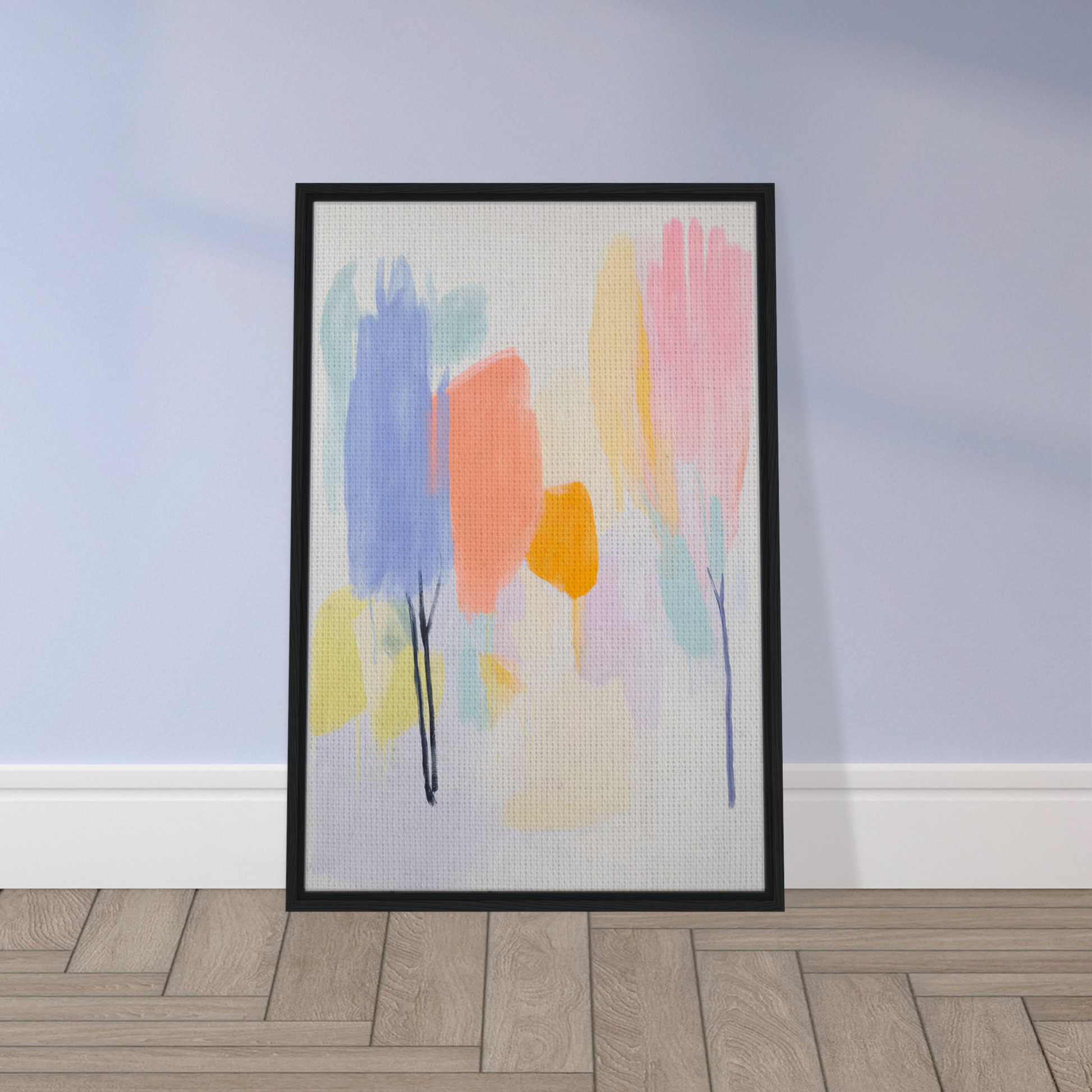 Framed canvas print of Pollinating Blue Reverie with vibrant vertical brushstrokes