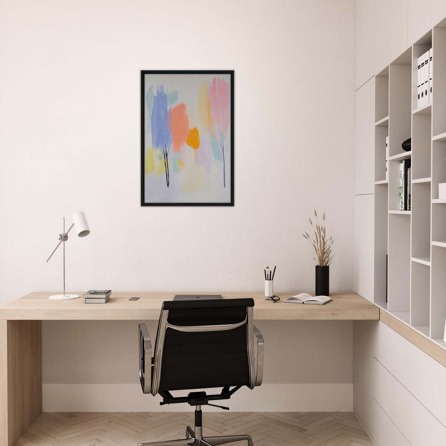 Minimalist home office featuring Pollinating Blue Reverie framed canvas print and furniture