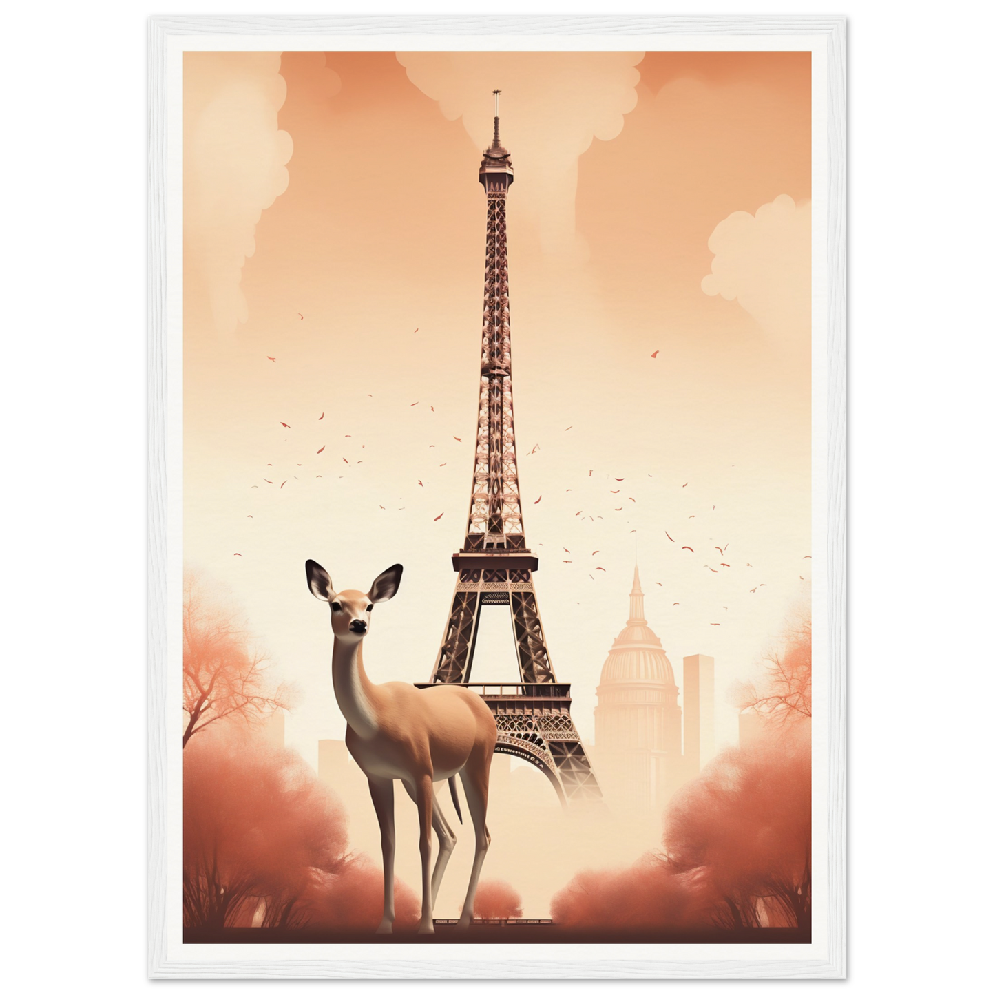 A poster with a deer standing in front of the eiff tower