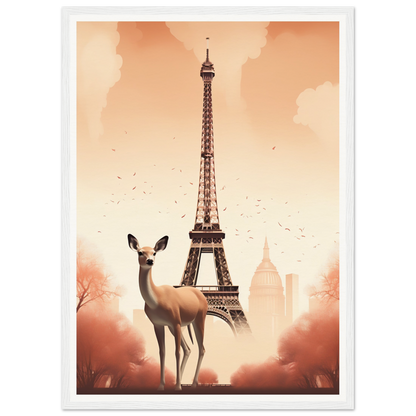 A poster with a deer standing in front of the eiff tower