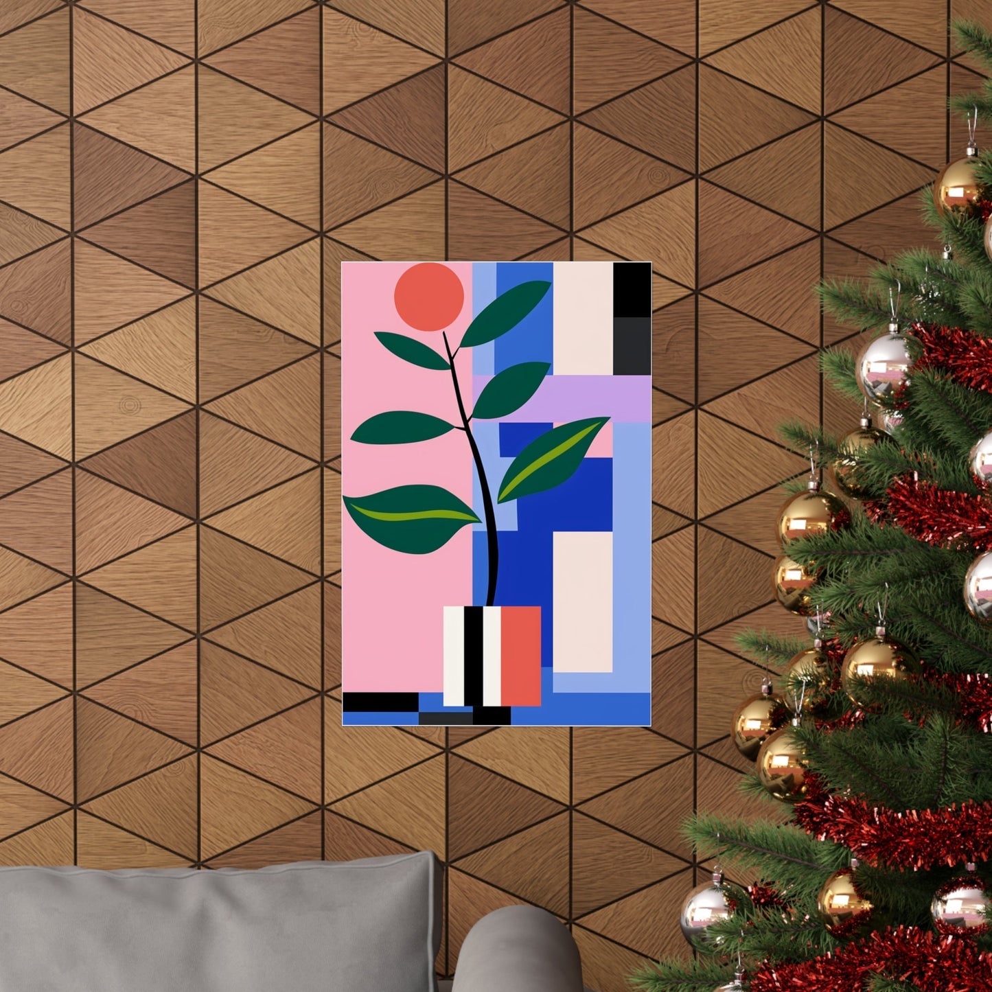 A christmas tree with a pink flower in a geometric pattern