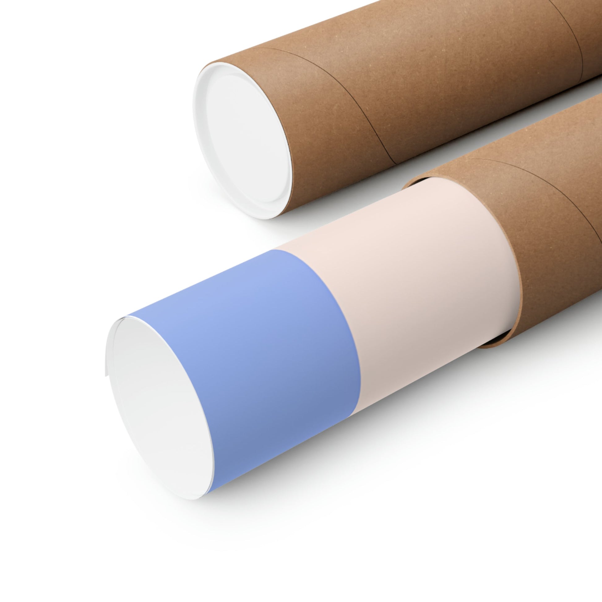 Two rolls of brown paper with blue and white stripes