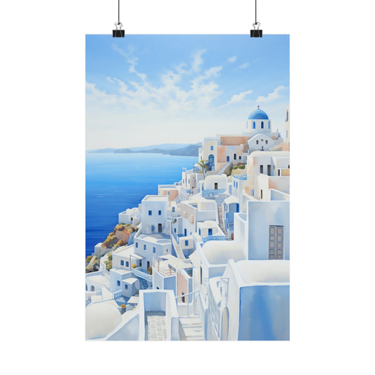 Picturesque Greek coastal town with white buildings and blue domed church overlooking the sea.