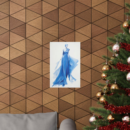 A christmas tree with a blue dress hanging on it