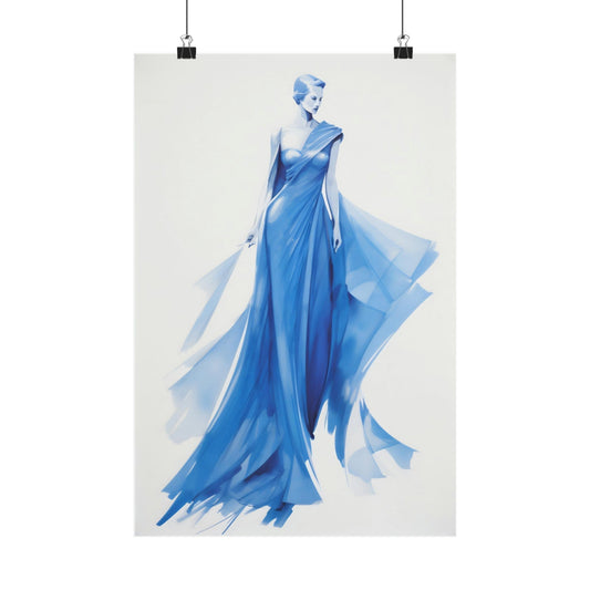 Elegant blue watercolor painting of a flowing evening gown on a figure.