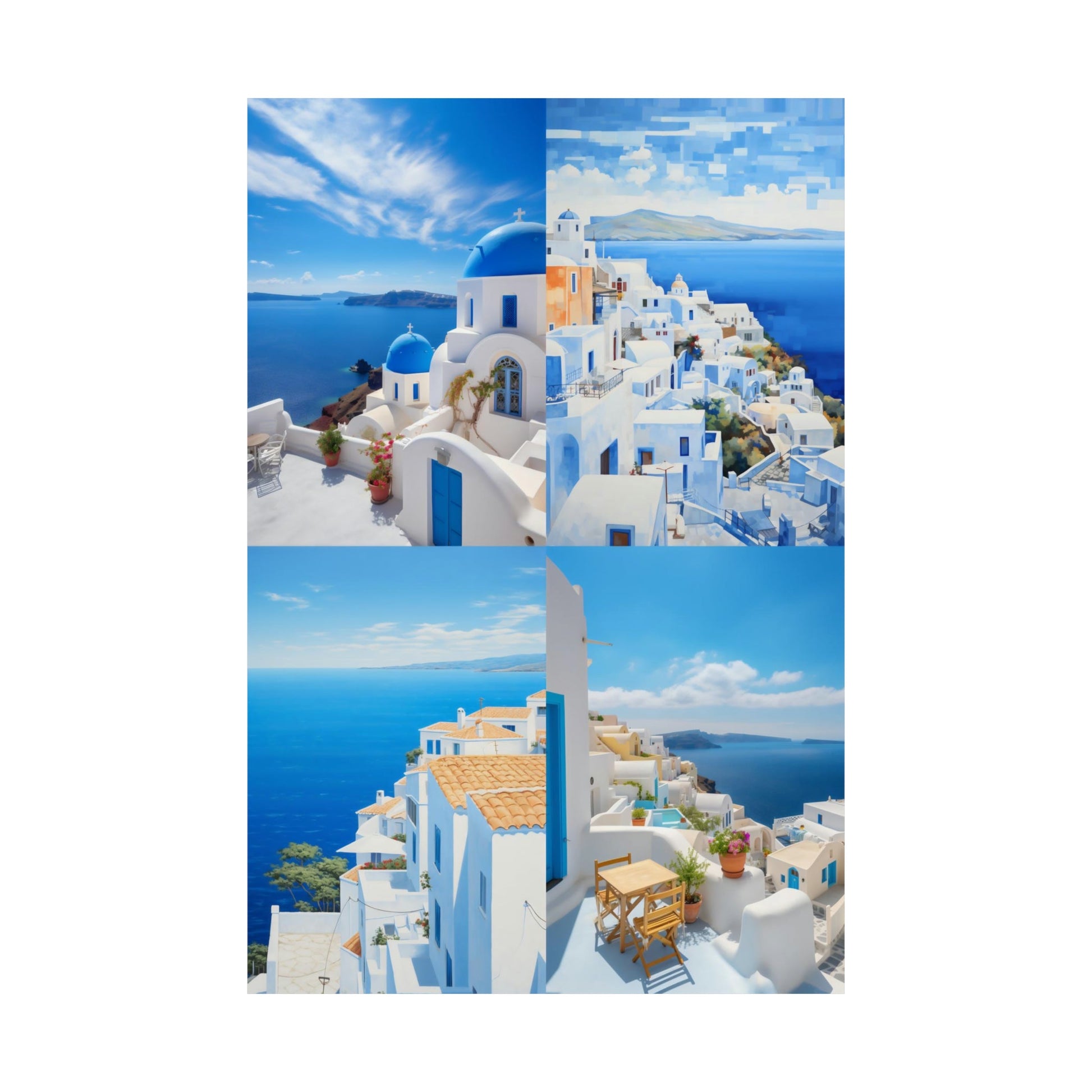 Collage of four scenic views of Santorini, Greece, showcasing white buildings with blue domes against the Aegean Sea.