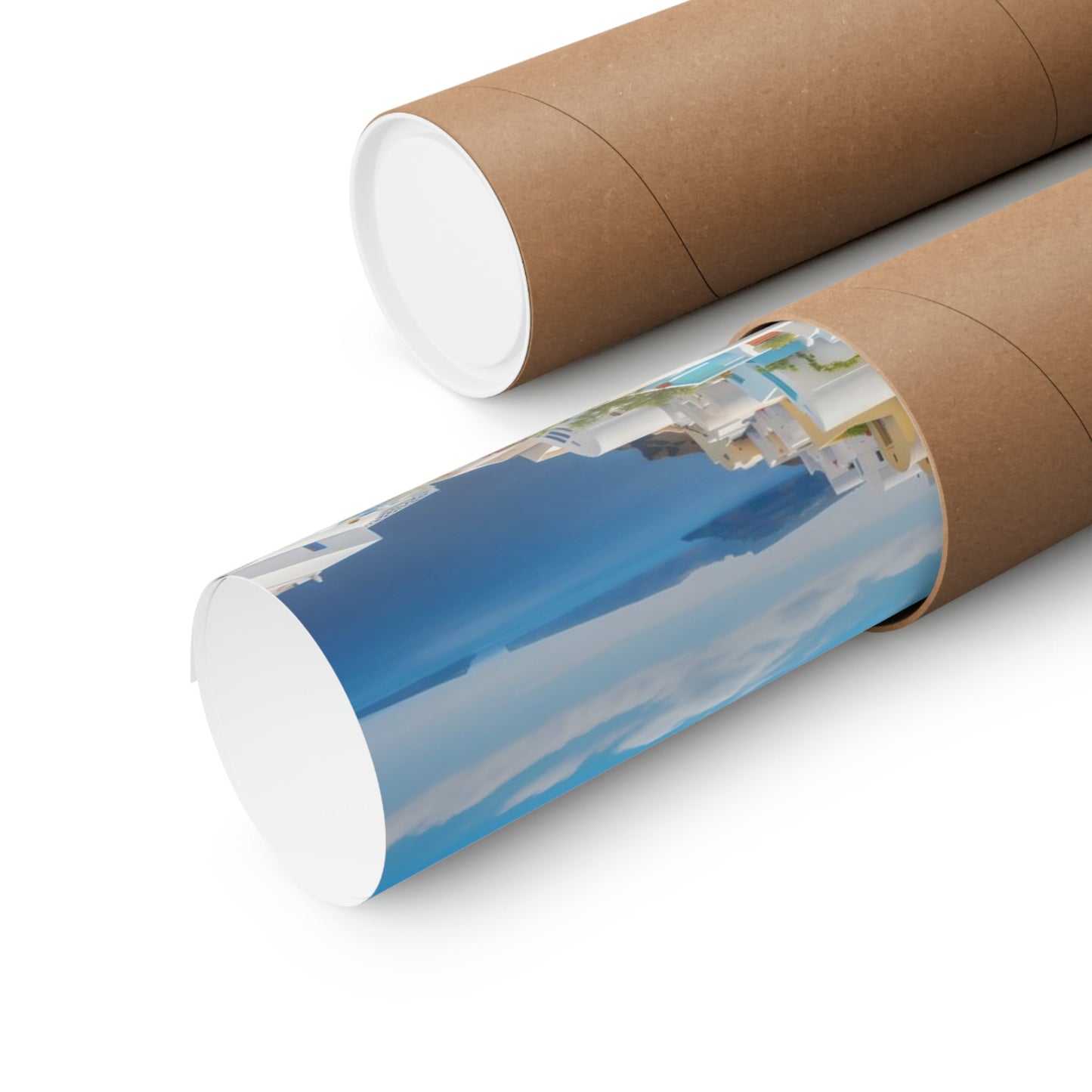 Cardboard tubes or mailing tubes, one containing a rolled-up image of a blue sky with clouds.