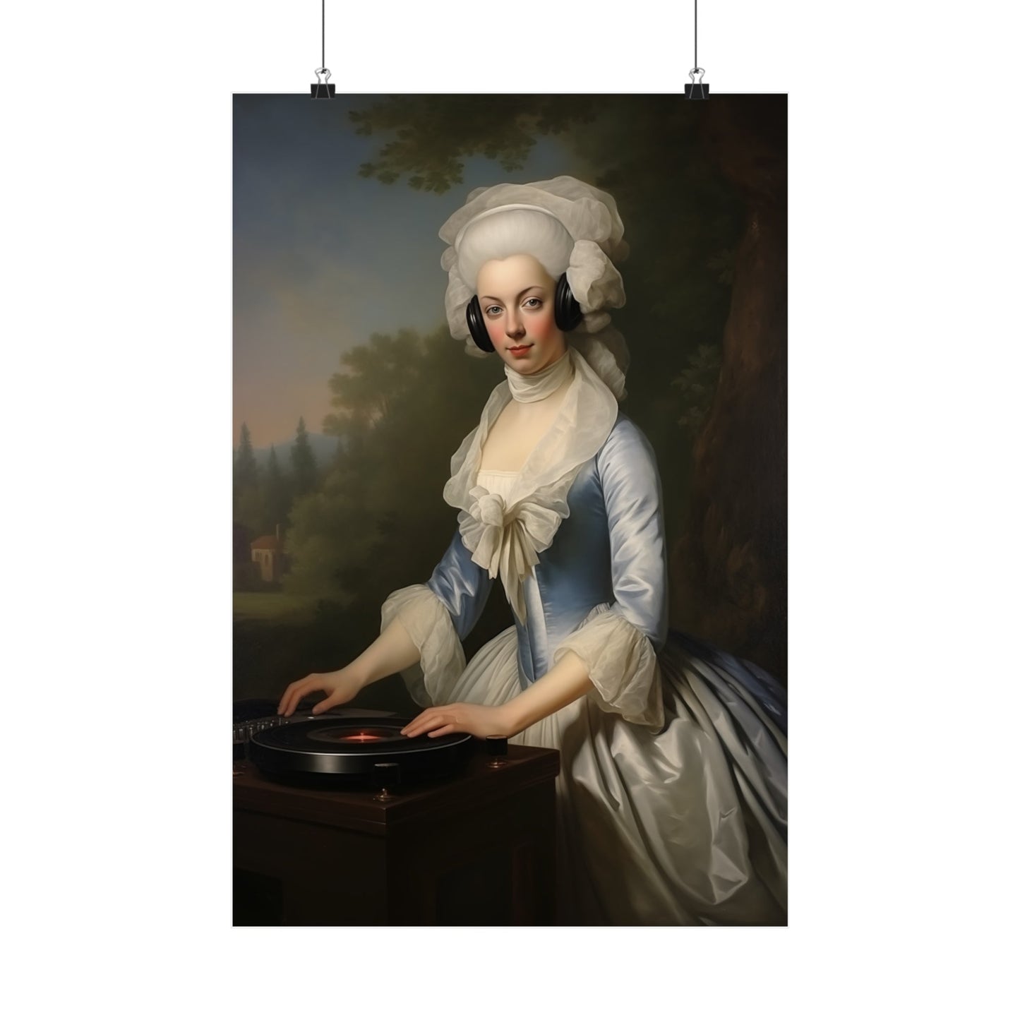 Portrait painting of a woman in 18th century aristocratic attire with an elaborate white headdress.