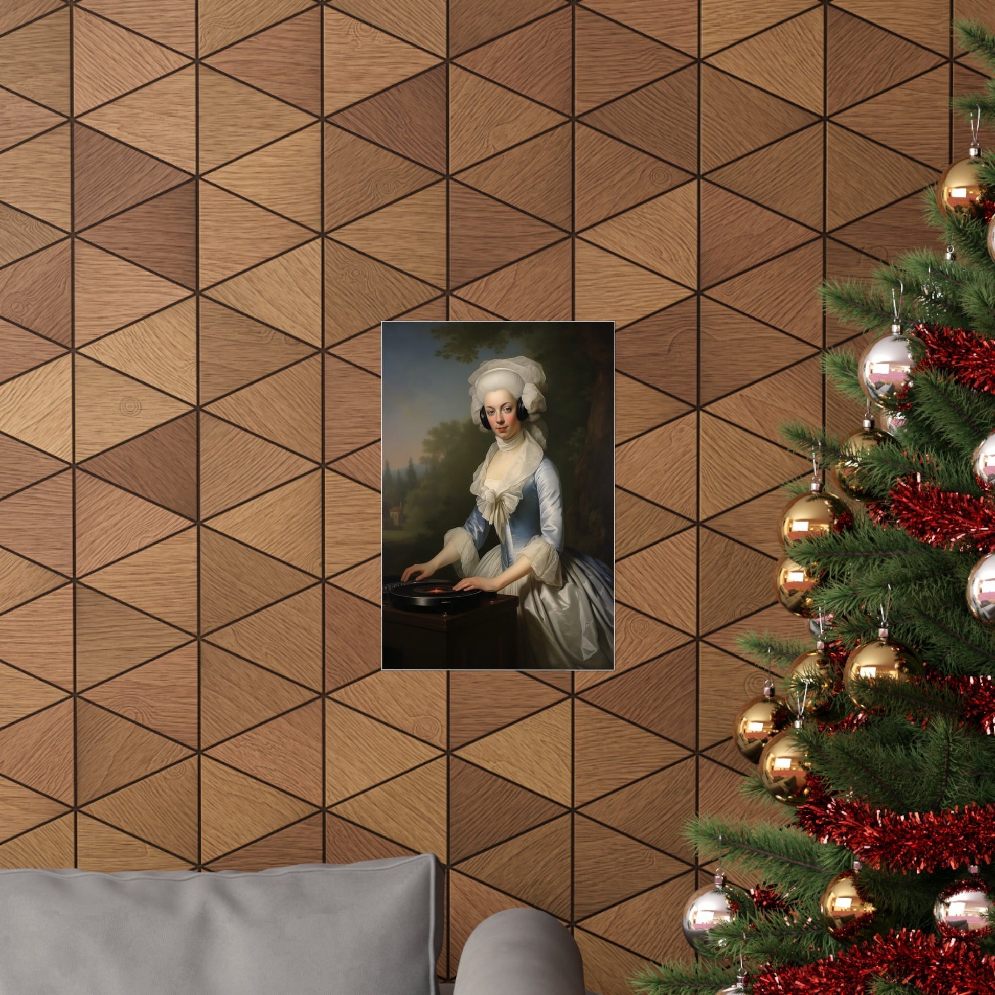 Portrait of a woman in 18th century attire hanging on a geometric patterned wall.