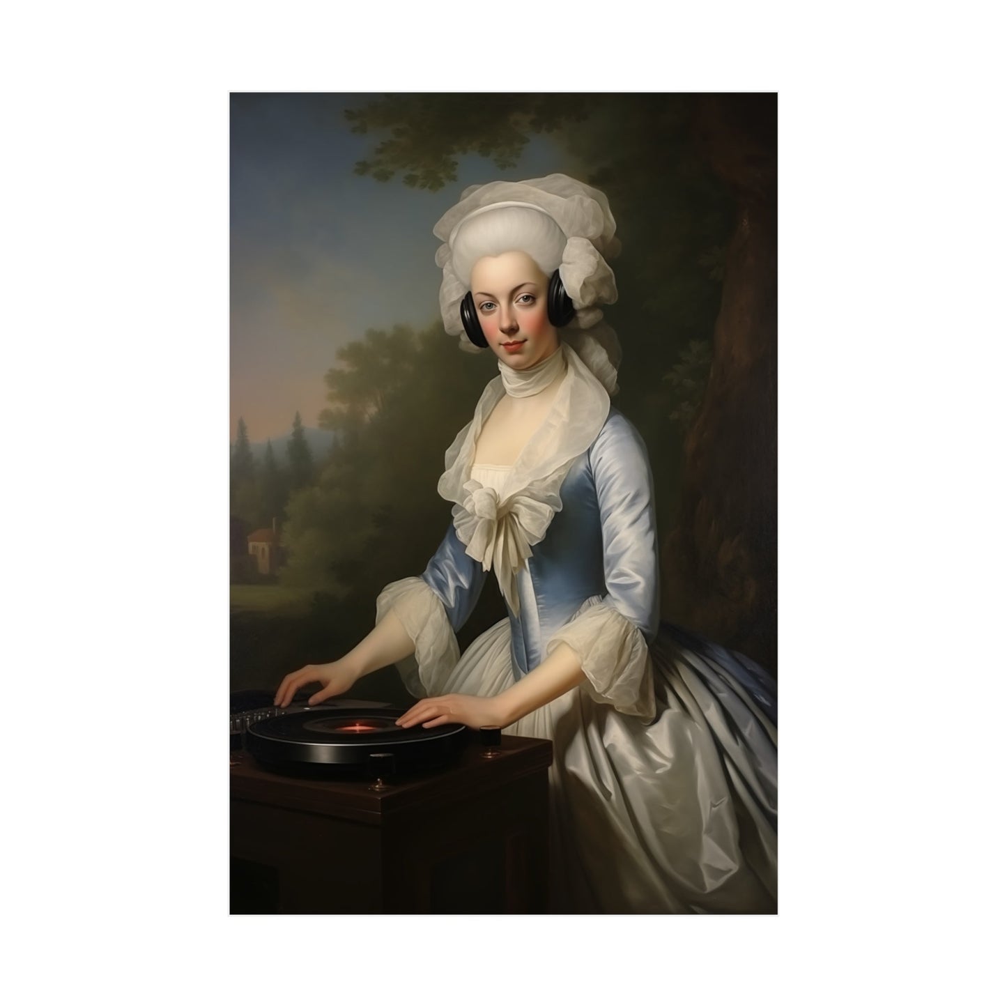 Portrait of a woman in 18th century aristocratic dress with an elaborate white headdress.