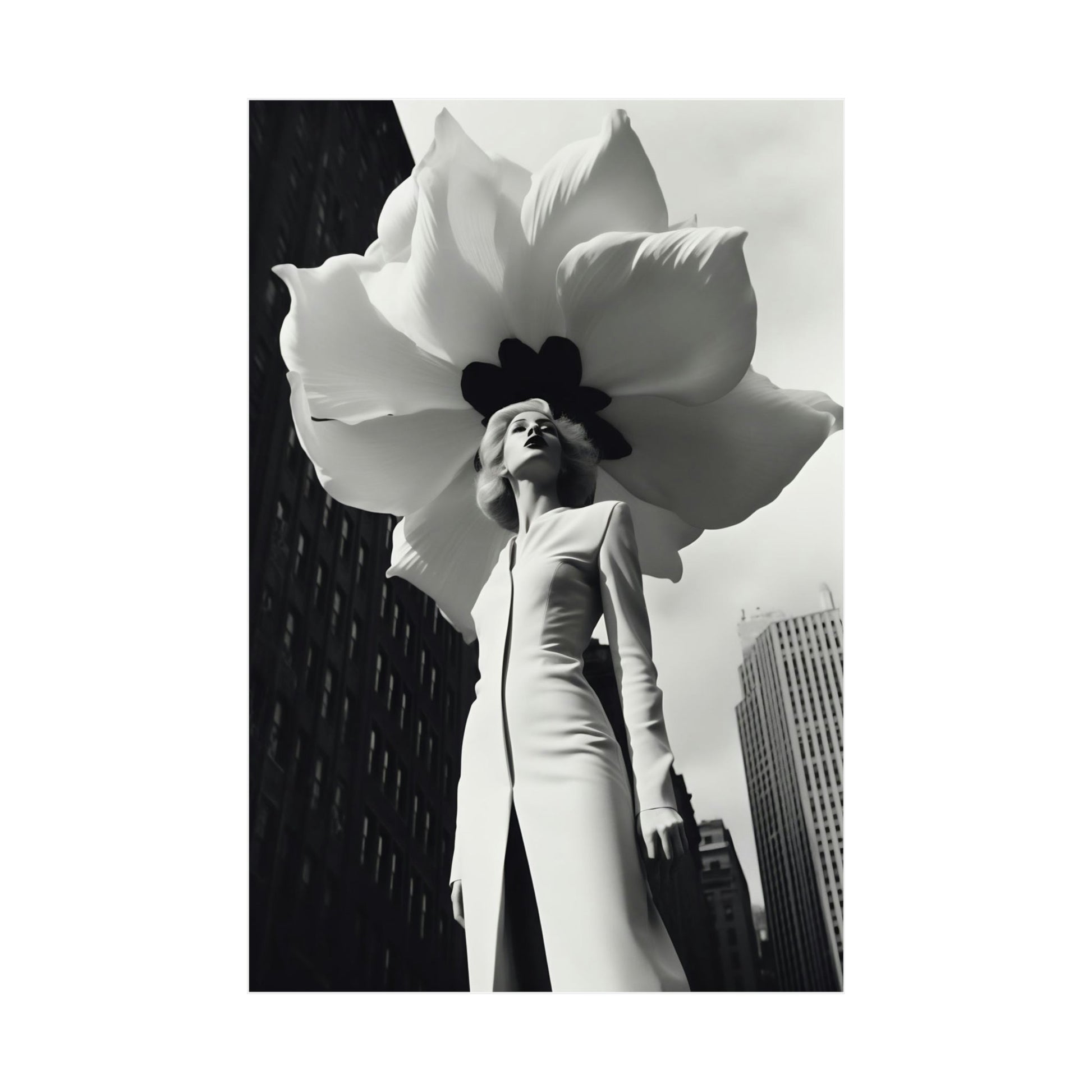 A woman in a white dress holding a large flower