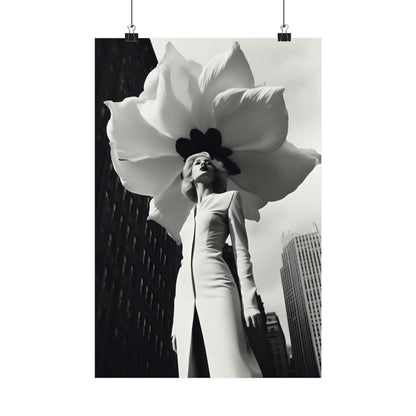 Woman wearing an enormous flower-shaped hat or headpiece.