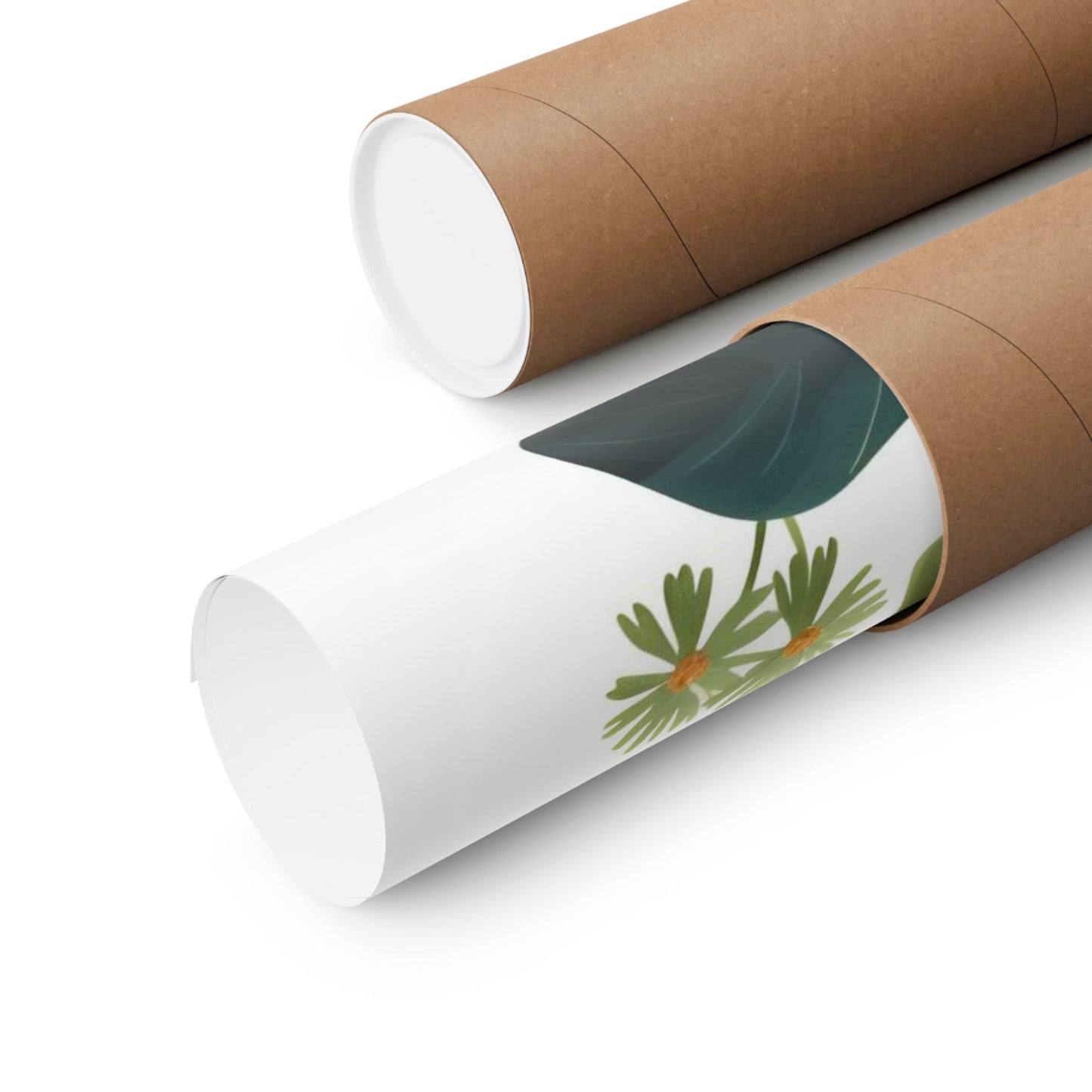 Two rolls of brown paper with green leaves on them