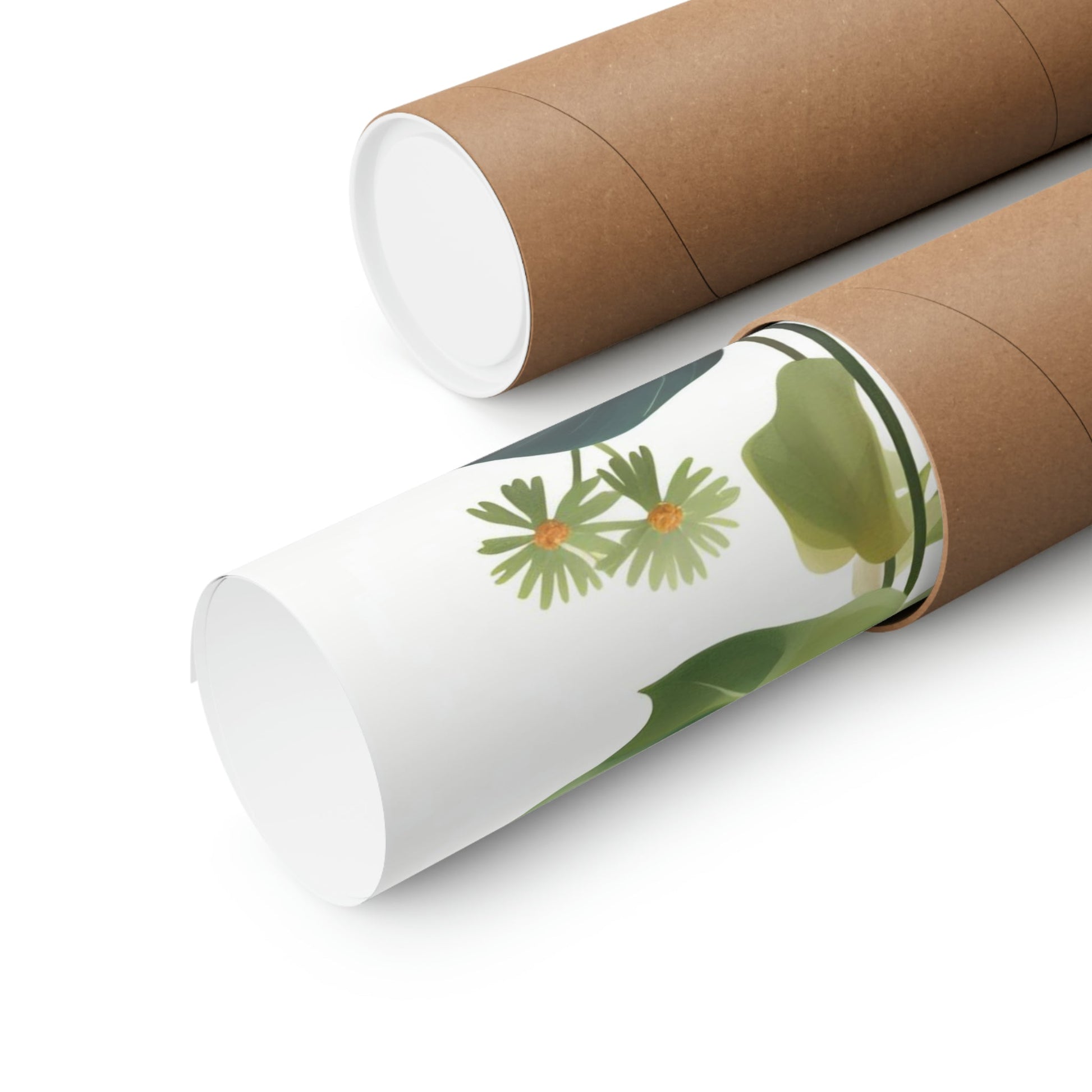 Two rolls of brown paper with green and white flowers