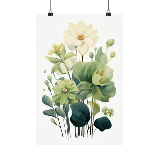 Watercolor painting of lotus flowers and leaves in various shades of green and white.