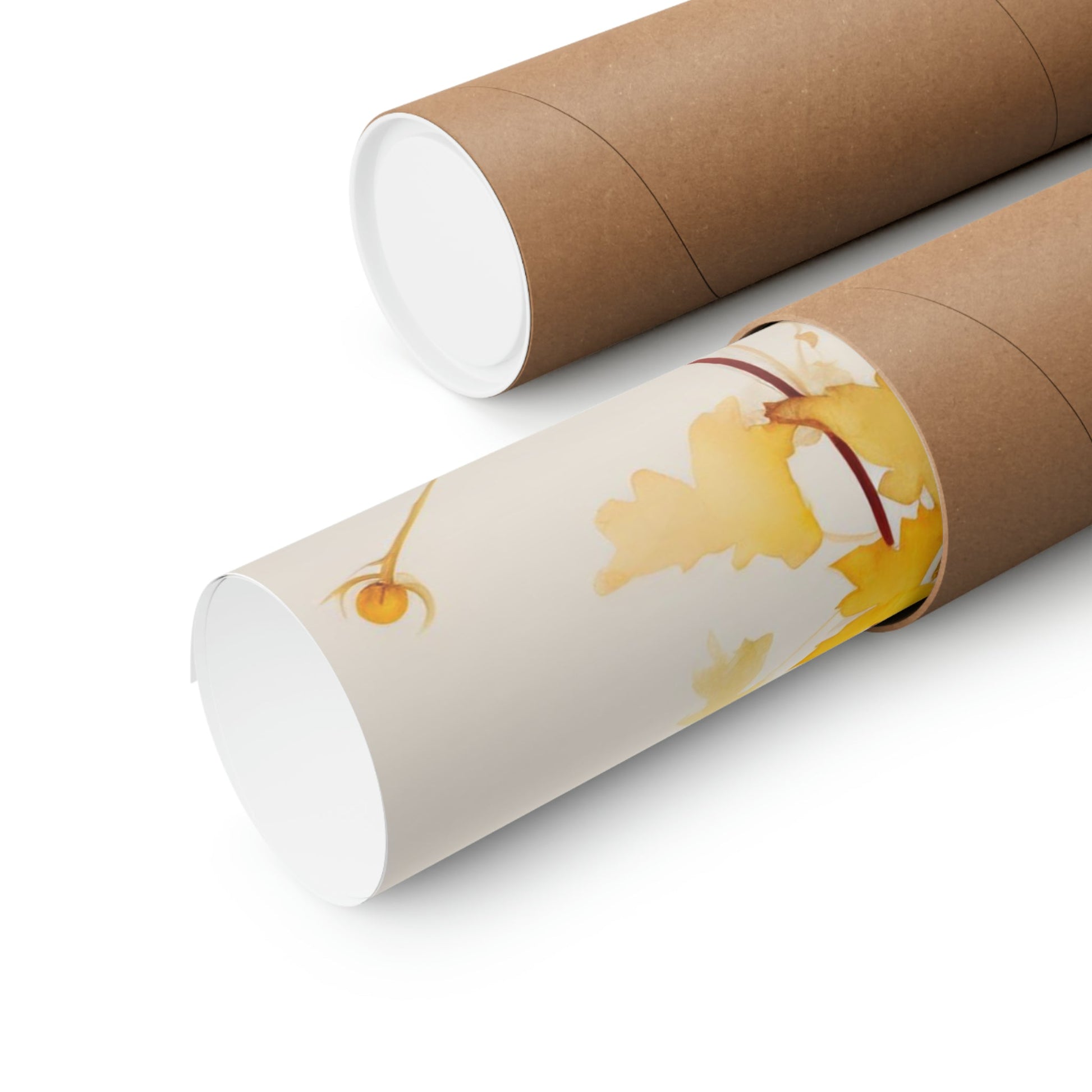 Two rolls of brown paper with a yellow and white design