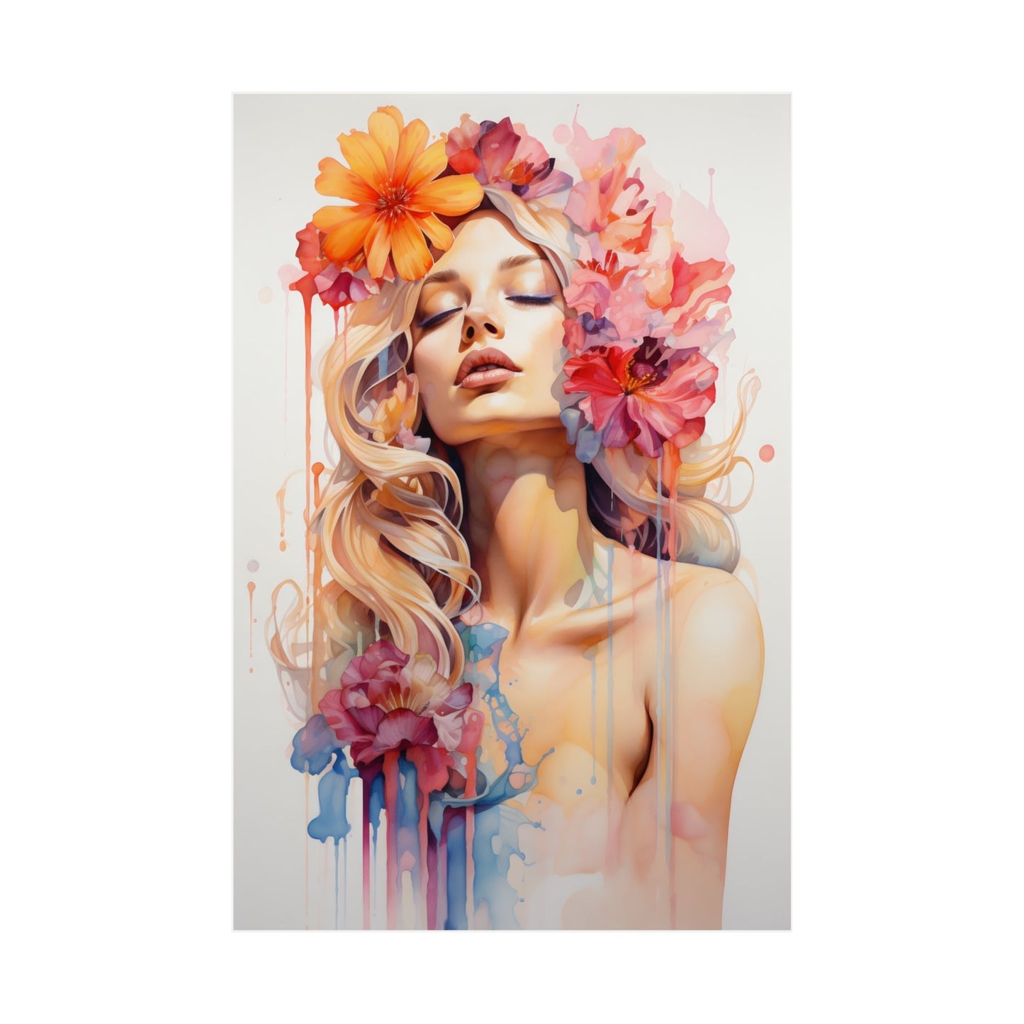 Artistic portrait of a woman with vibrant floral elements and watercolor effects.