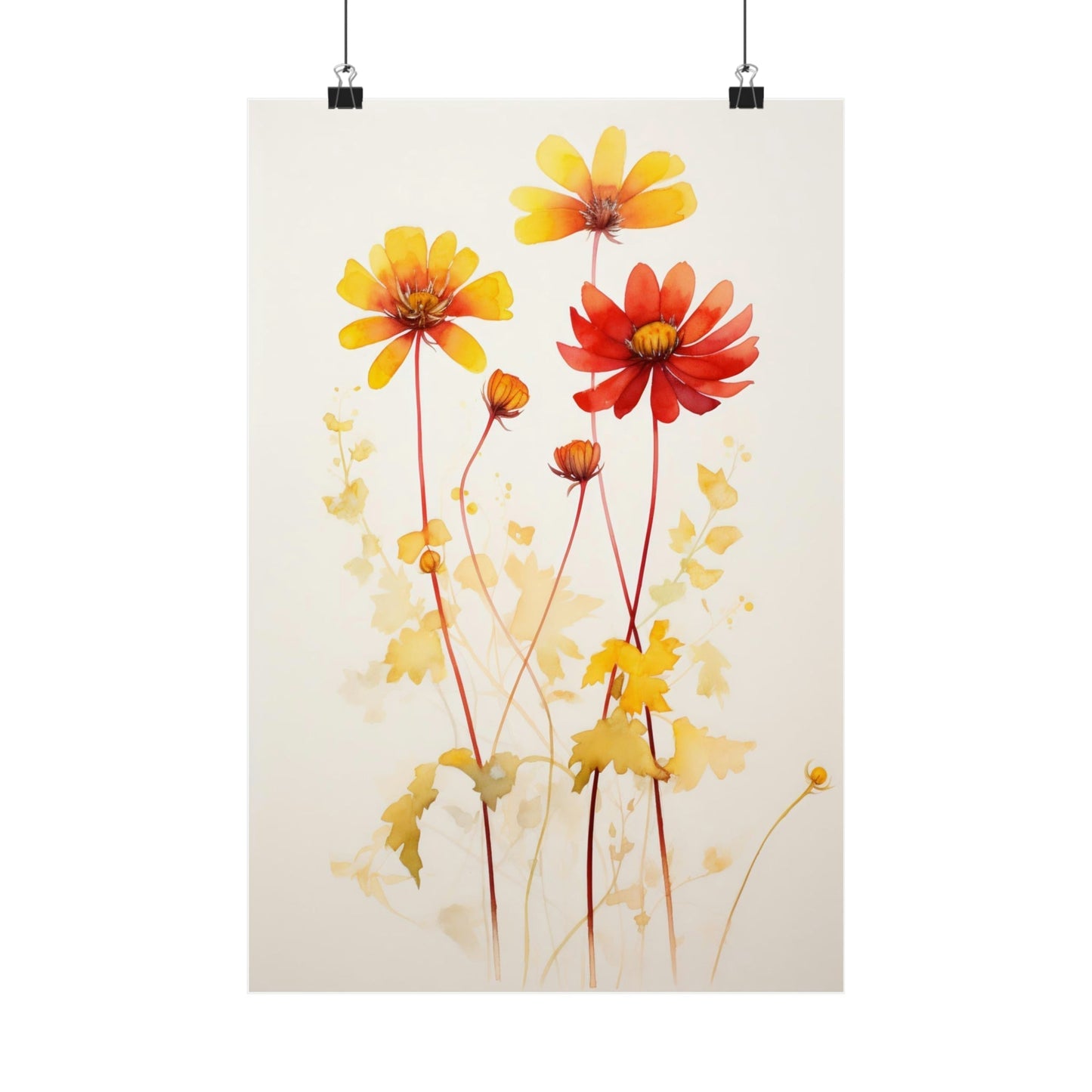 Watercolor painting of colorful wildflowers with yellow and red petals on long stems.