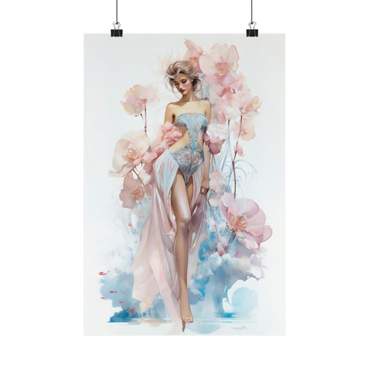 Watercolor painting of an elegant woman in a flowing dress surrounded by soft pink floral elements.