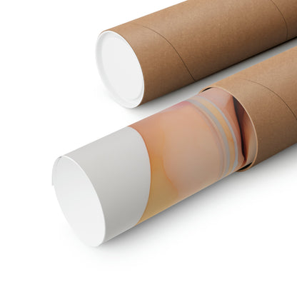 Cardboard mailing tubes with one partially unwrapped to reveal a lighter inner layer.