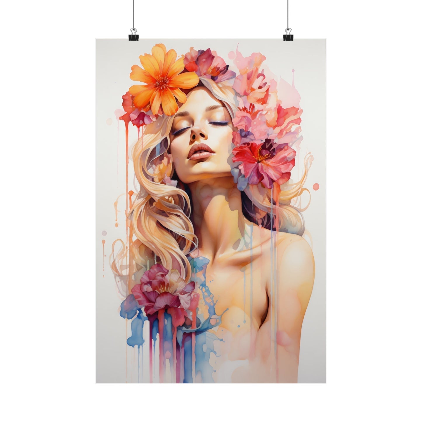 Watercolor-style portrait of a woman with vibrant flowers in her hair and dripping paint effects.