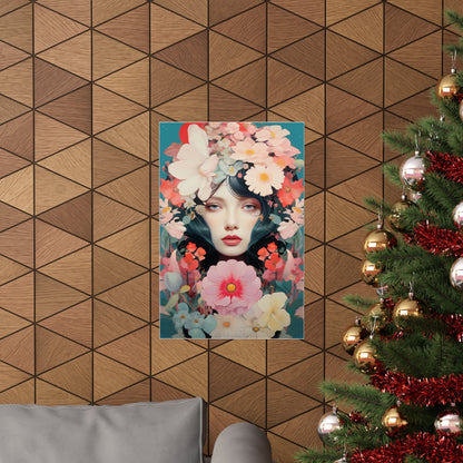 A christmas tree with a painting of a woman in a floral wreath