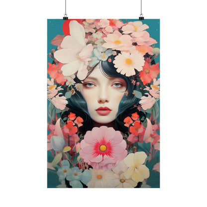 A poster with a woman’s face surrounded by flowers