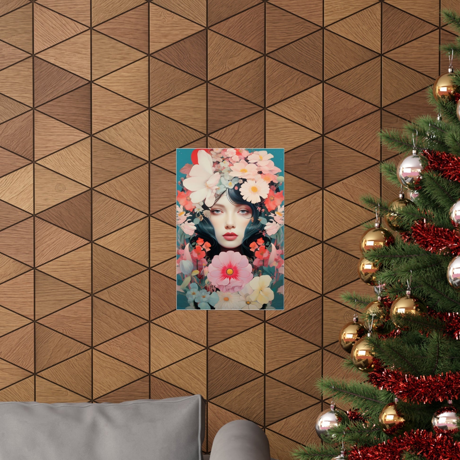 A christmas tree with a picture of a woman in a floral wreath