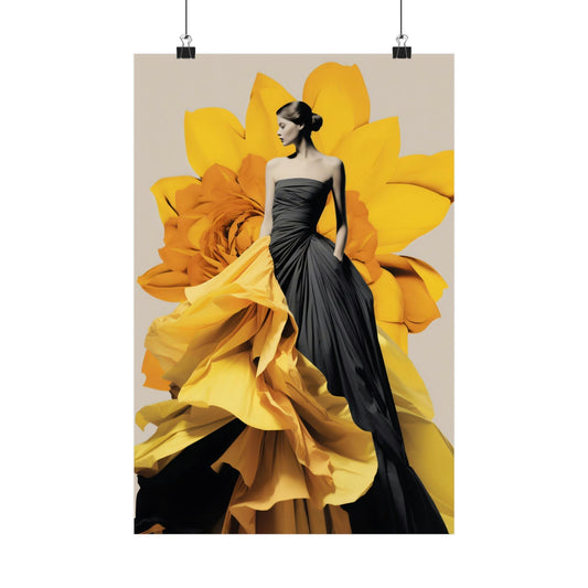 Woman in a black gown emerging from vibrant yellow flower petals.