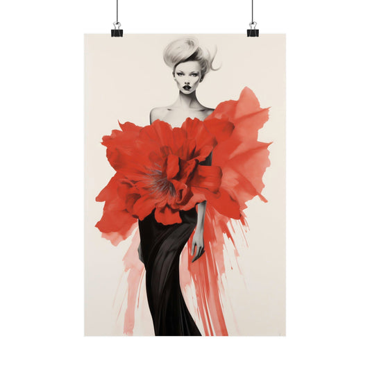 Stylized illustration of a woman in a black dress with an oversized red floral design.