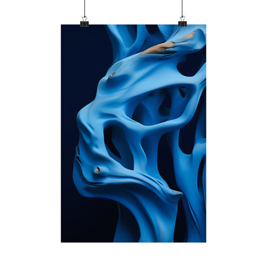 Abstract blue fluid-like form with smooth, flowing curves and organic shapes.