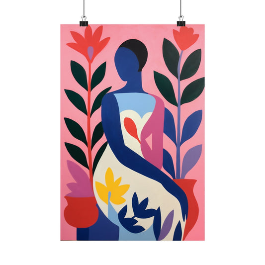 Stylized silhouette of a seated figure surrounded by colorful abstract floral elements.