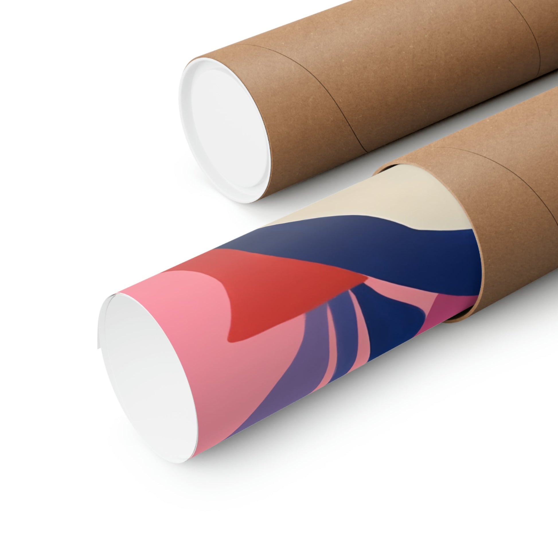 Two rolls of brown paper with a pink and blue design