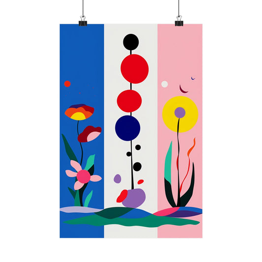 Colorful abstract art print featuring geometric shapes and stylized floral elements divided into three vertical panels.