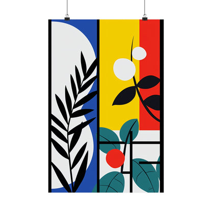 A poster with a plant and a red, yellow, blue, green, and yellow background