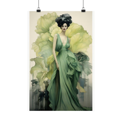 Elegant woman in a flowing green gown with an elaborate hairstyle.