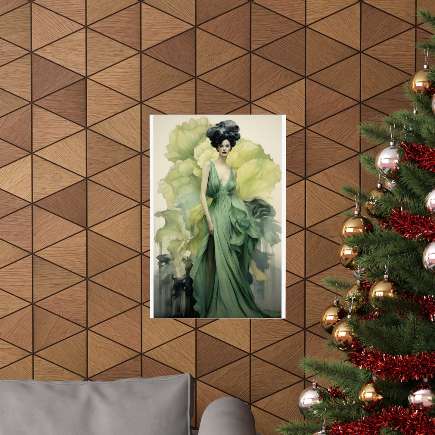 A christmas tree with a picture of a woman in a green dress