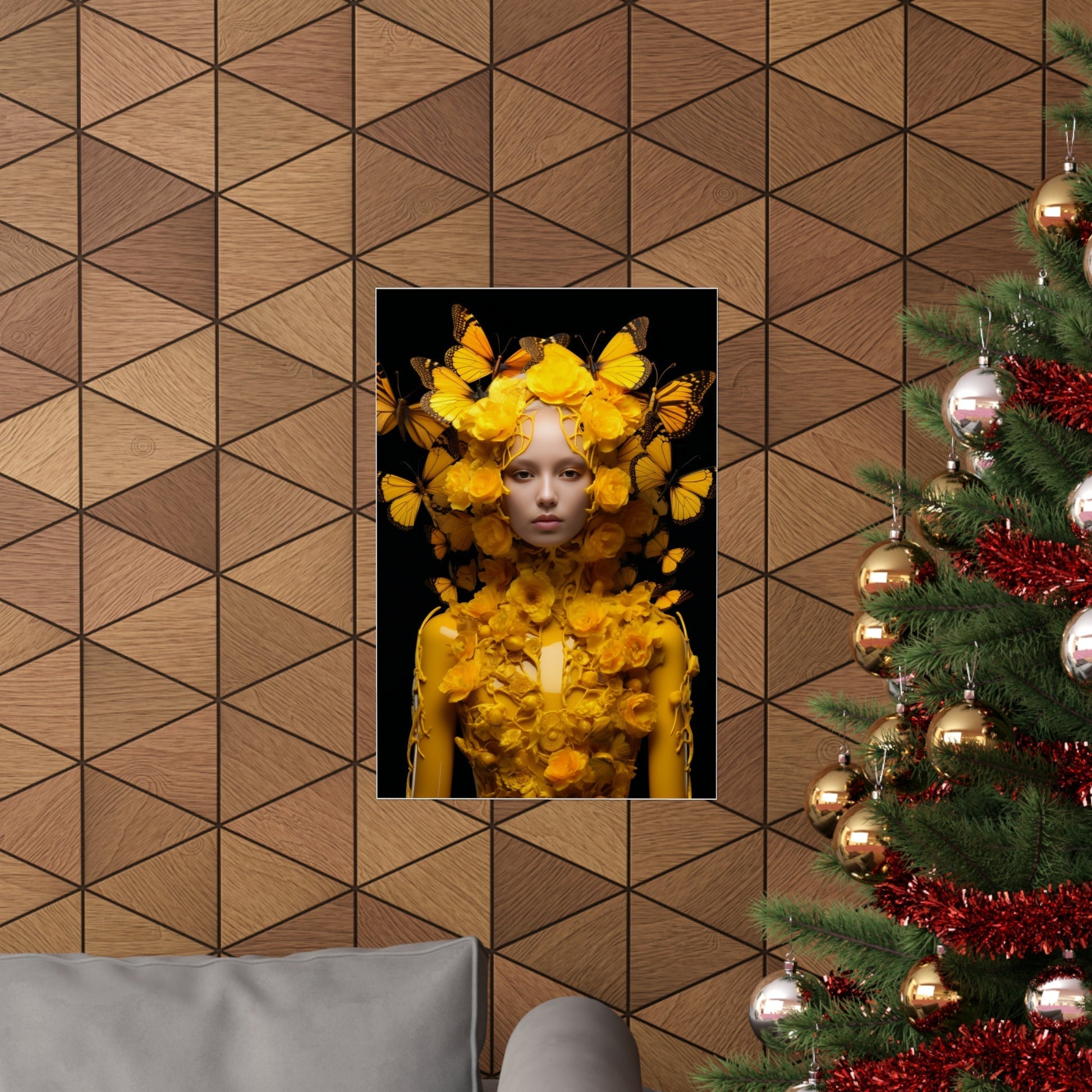 A christmas tree with a picture of a woman in a yellow dress