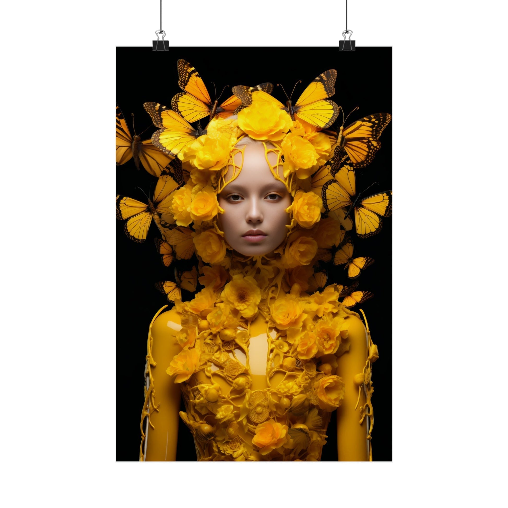 Portrait featuring a person adorned with vibrant yellow butterflies and flowers against a dark background.