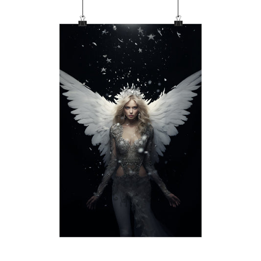 Ethereal winged figure with long blonde hair in a dark, shimmering outfit.