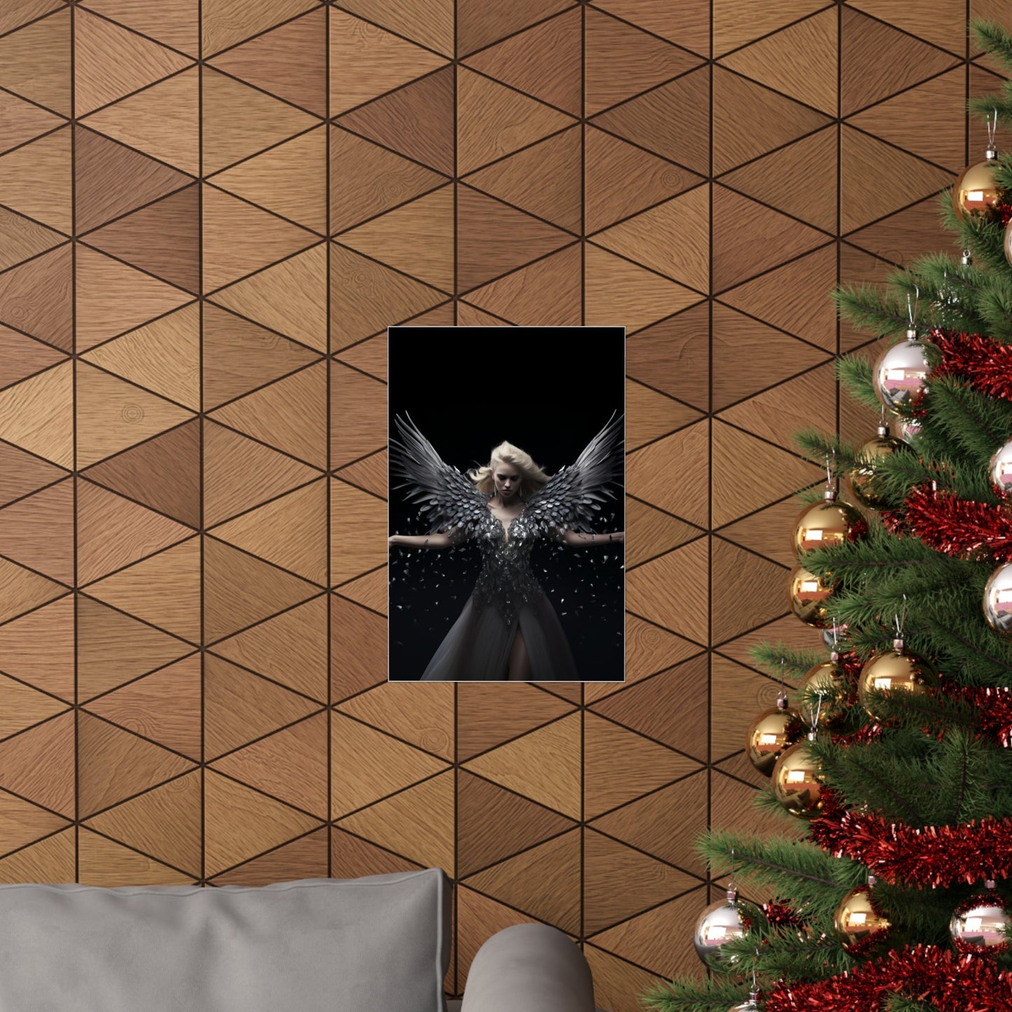 A christmas tree with a picture of an angel